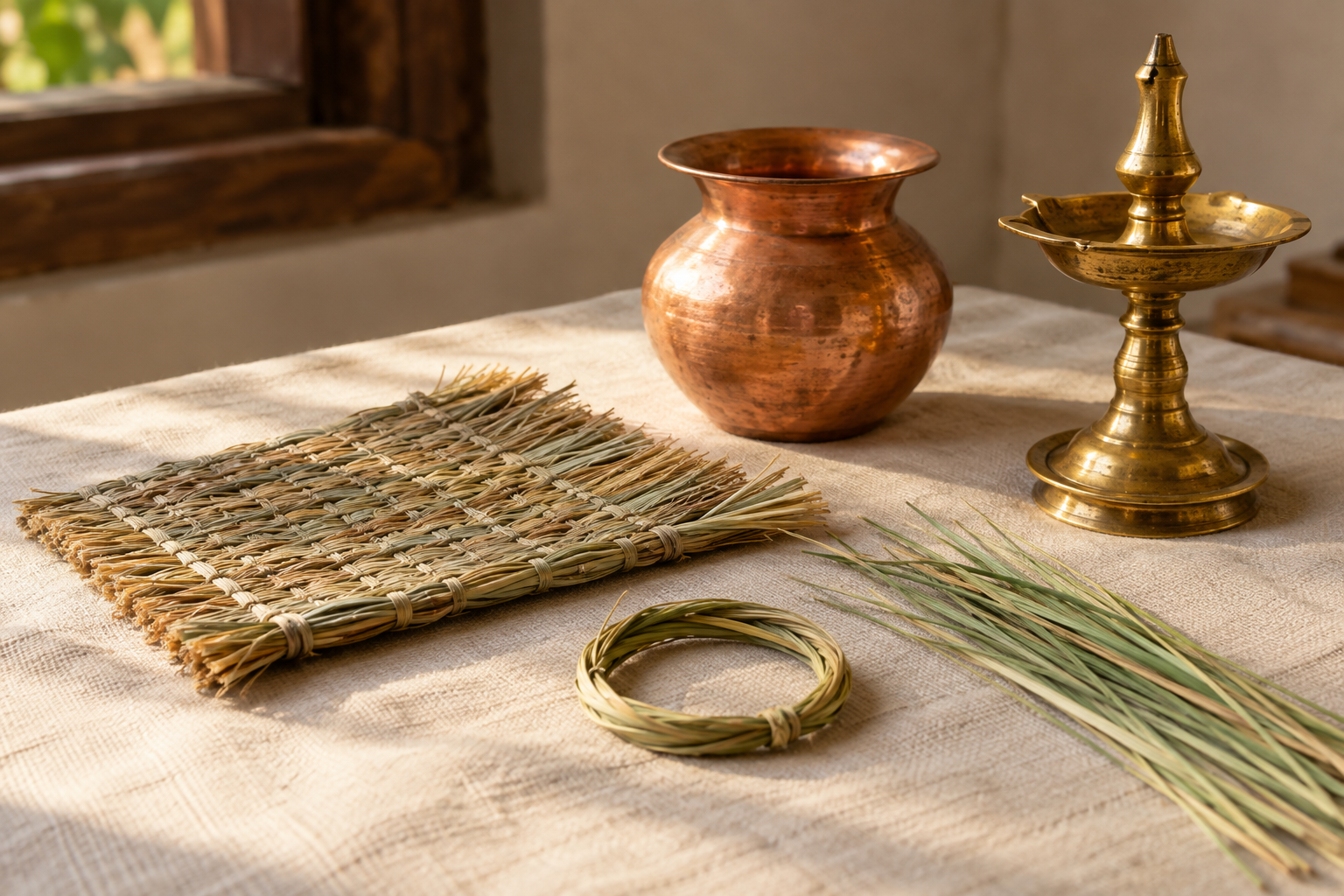 A darbha grass mat, grass ring, and loose blades arranged beside a brass lamp and copper ritual vessel.