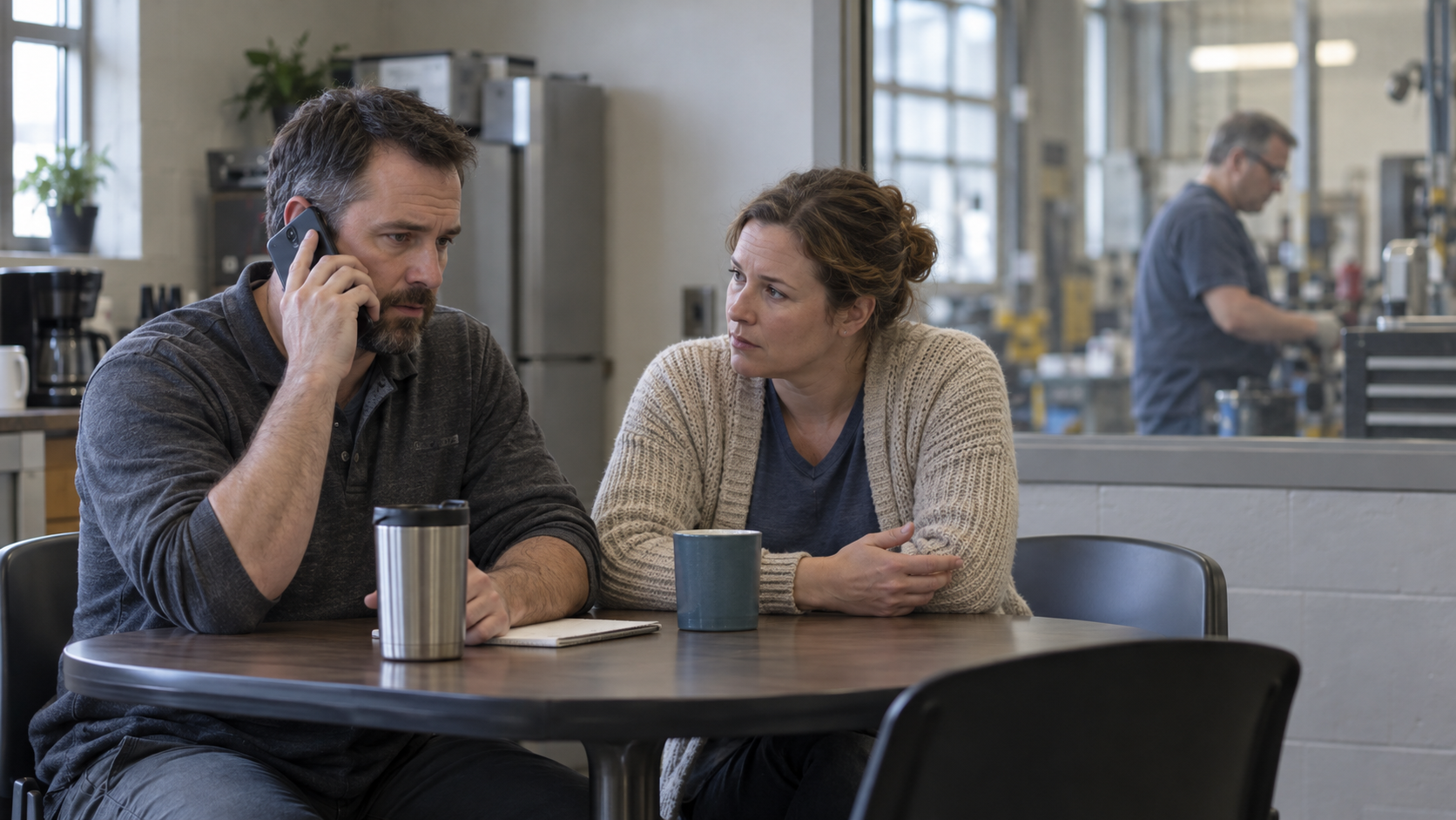 Two co-workers in a break area calmly discussing a concern while one reports it by phone.