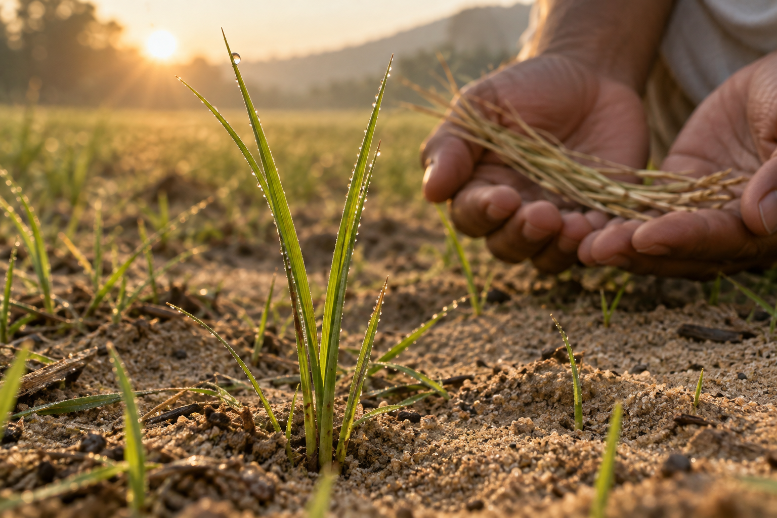 Fresh dew-covered darbha grass grows in sandy soil while open hands hold several dried blades in the background.