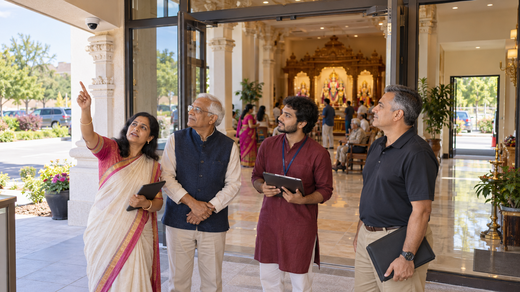 Temple leaders and a safety adviser inspecting a well-lit entrance while community activities continue inside.