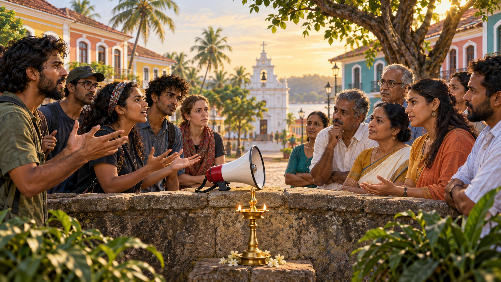 A megaphone separates protesters and Hindu residents facing one another peacefully in a Goan town square, with a small brass lamp glowing between them.