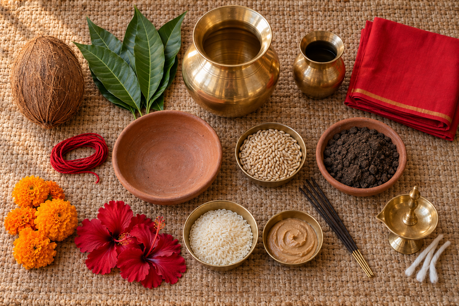 Ghatasthapana materials, including a brass kalasha, coconut, mango leaves, barley seeds, soil, flowers, diya, rice, and red cloth, arranged in advance on a mat.