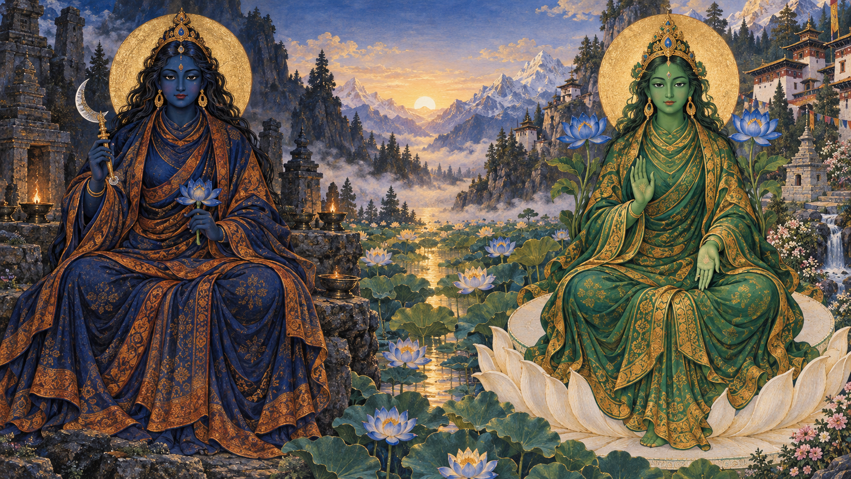 A dark blue Hindu Tara and a green Buddhist Tara occupy separate sacred settings connected visually by lotus leaves and warm light.