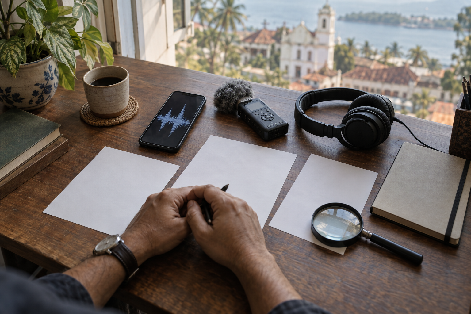 A person reviews an audio recording, blank notes and documents on a desk beside a window overlooking Goan buildings.