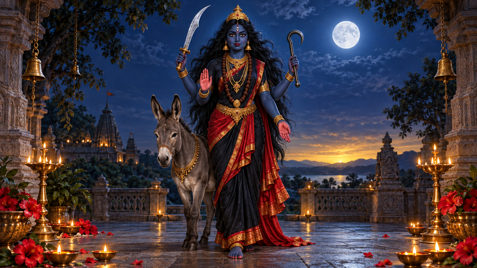 Devotional illustration of four-armed Maa Kalaratri with her donkey mount in a moonlit temple courtyard illuminated by oil lamps.