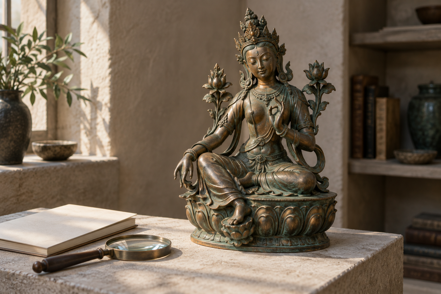 A bronze Tara sculpture on a stone pedestal is lit to reveal its posture, hand gestures, crown, jewelry, and lotus attributes.