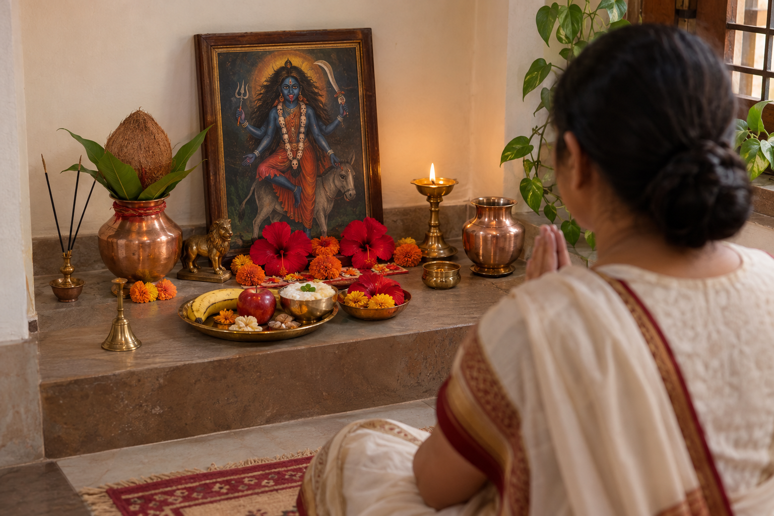 A devotee sits before a simple home shrine arranged with a lamp, flowers, fruit, a kalash, incense, and an image of Maa Kalaratri.