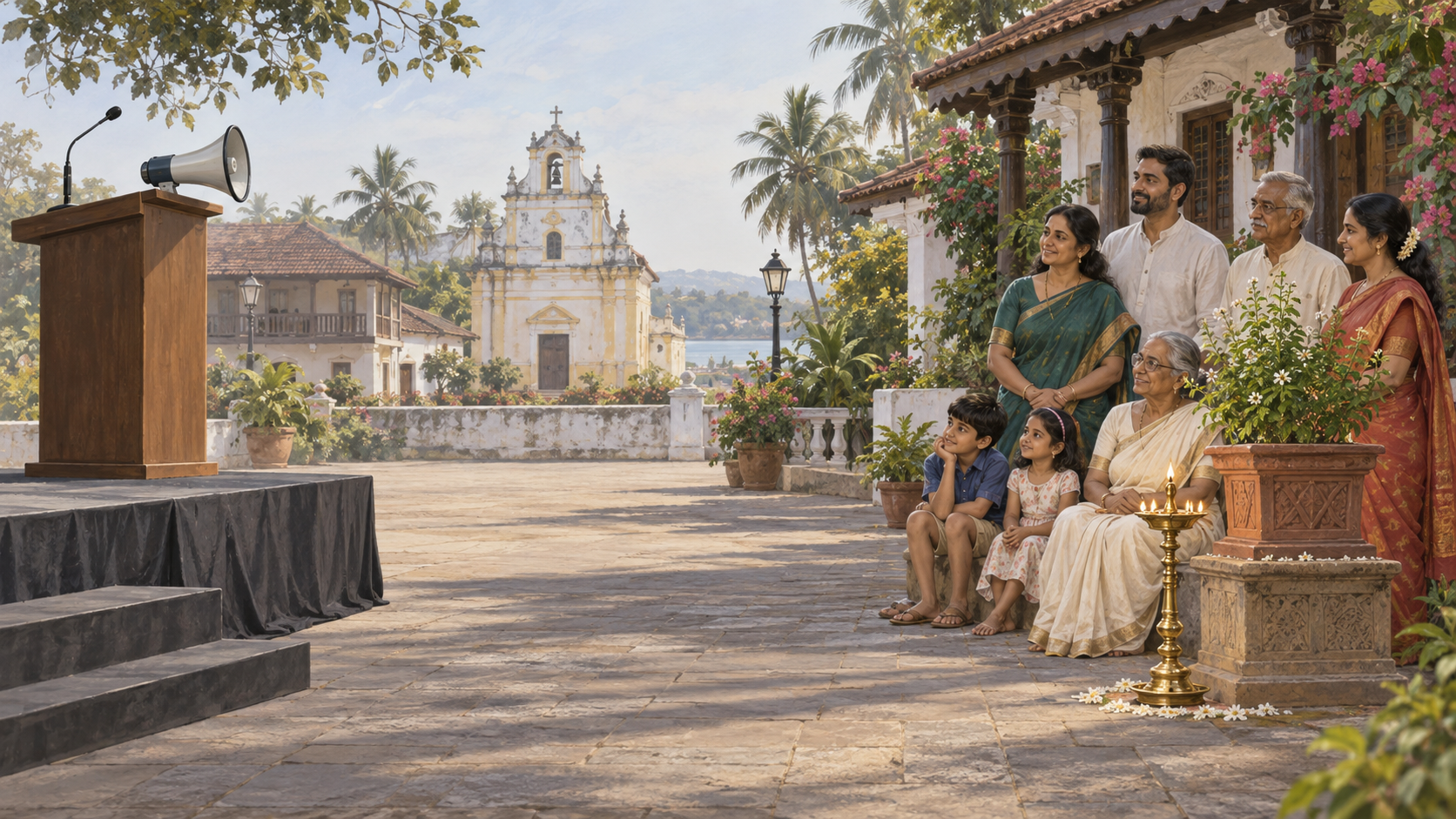 An empty debate podium and megaphone stand apart from Hindu families gathered near a tulsi plant and brass oil lamp in a courtyard.
