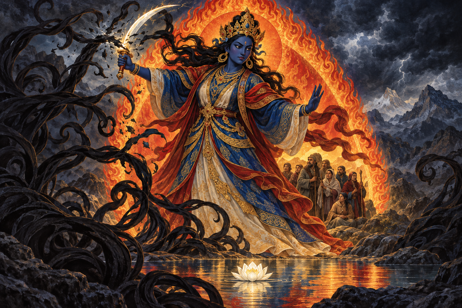 A fierce dark blue Tara stands in a halo of flames, cutting black vines while travelers shelter safely nearby and a white lotus blooms below.