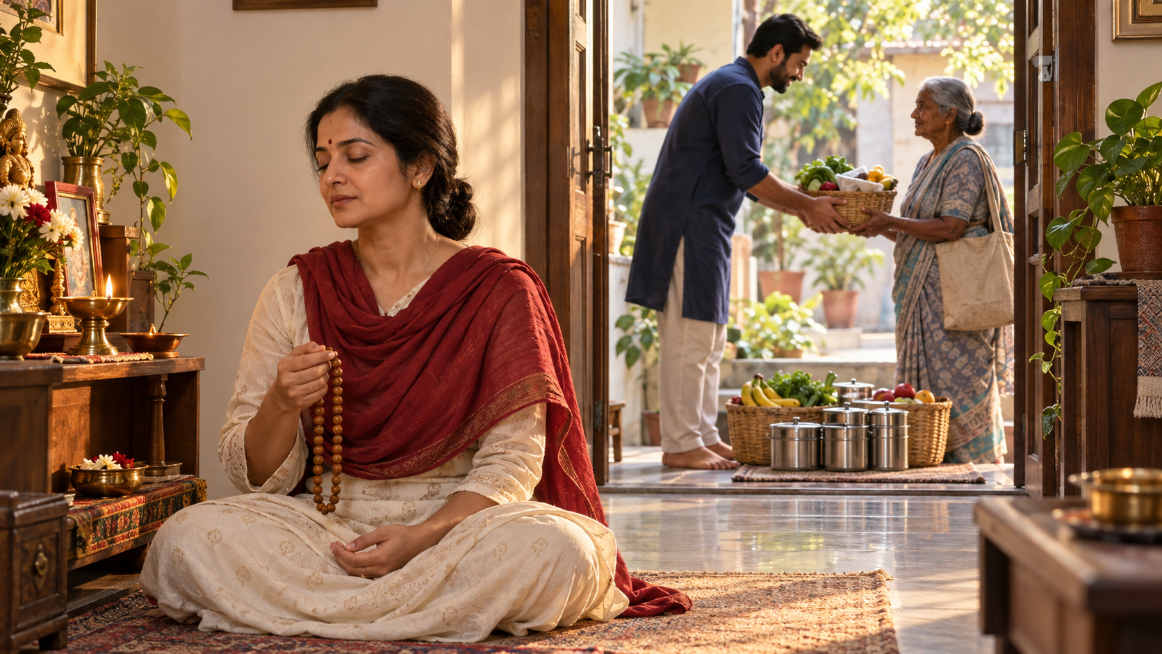 A devotee meditates with prayer beads while a family member shares a basket of vegetarian food with an elderly visitor.