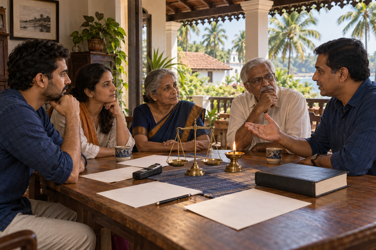 A multigenerational group calmly discusses recordings and documents around a table with balanced scales and a lit brass lamp.