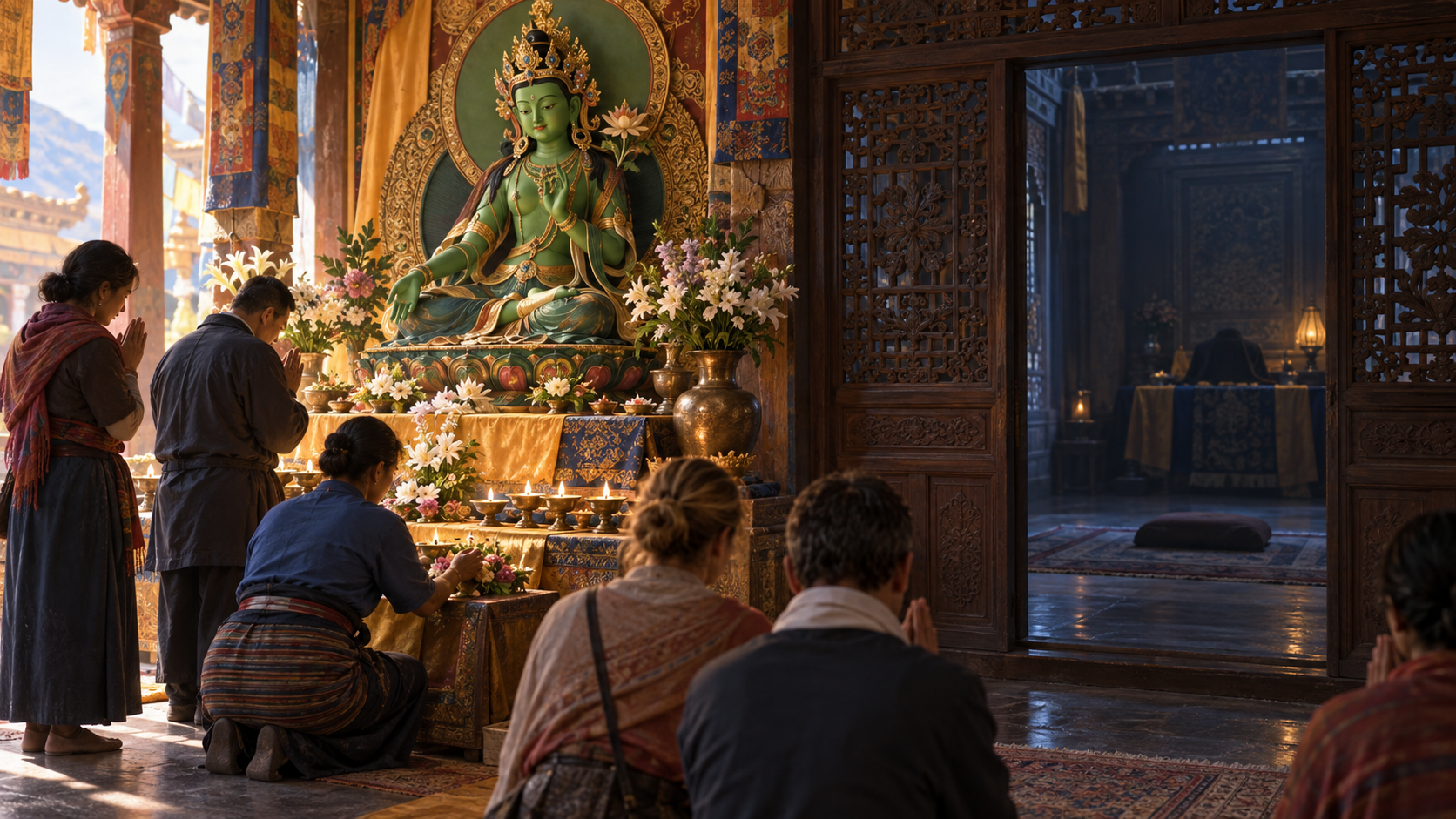 Devotees offer flowers and a lamp at a public Tara shrine while a screened, dim meditation chamber remains separate in the background.