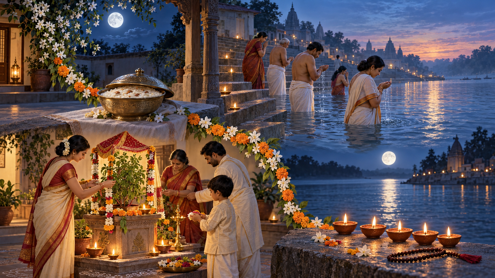 Four devotional scenes show moonlit rice pudding, a dawn river bath, a decorated tulsi planter and five lamps before a full-moon river offering.