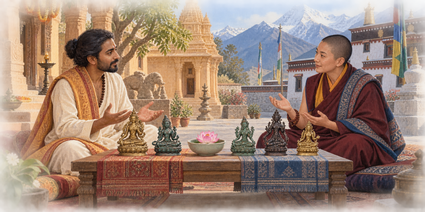 Two scholars in adjoining temple and monastery settings compare distinct Tara sculptures across a low table with a lotus bowl between them.