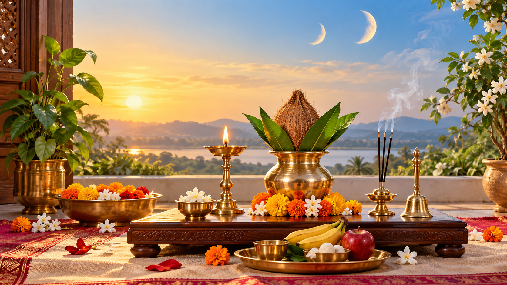 Brass puja items, flowers, incense, and a lamp arranged in a peaceful prayer space beneath two subtle waxing-moon motifs.