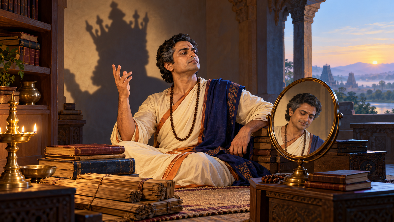 A scholar in a traditional study sits among books and palm-leaf manuscripts while a crown-shaped shadow rises behind them and a bronze mirror reflects a calmer expression.