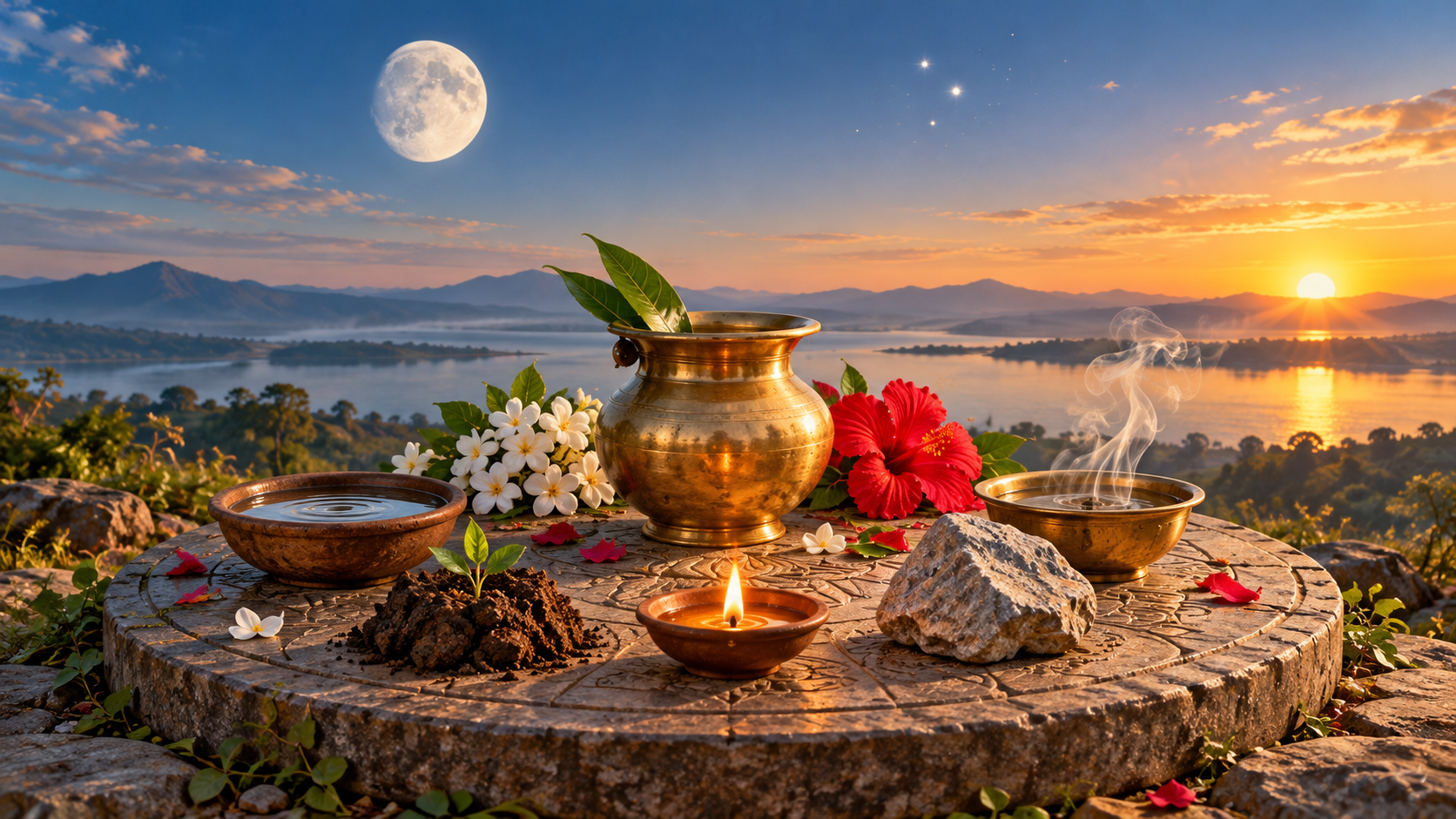 A waxing moon, rising sun, stars, brass vessel, and flowers arranged as a symbolic Panchang still life.