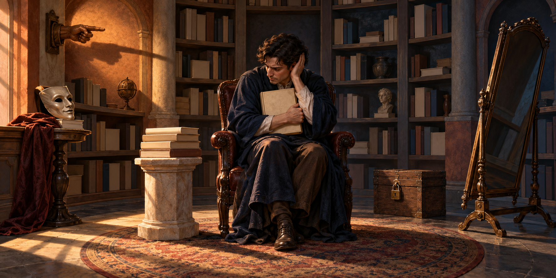 A scholar clutches a closed book in a circular library surrounded by six symbols of defensiveness, including a covered ear, mask, pedestal, pointing hand, locked box, and turned mirror.