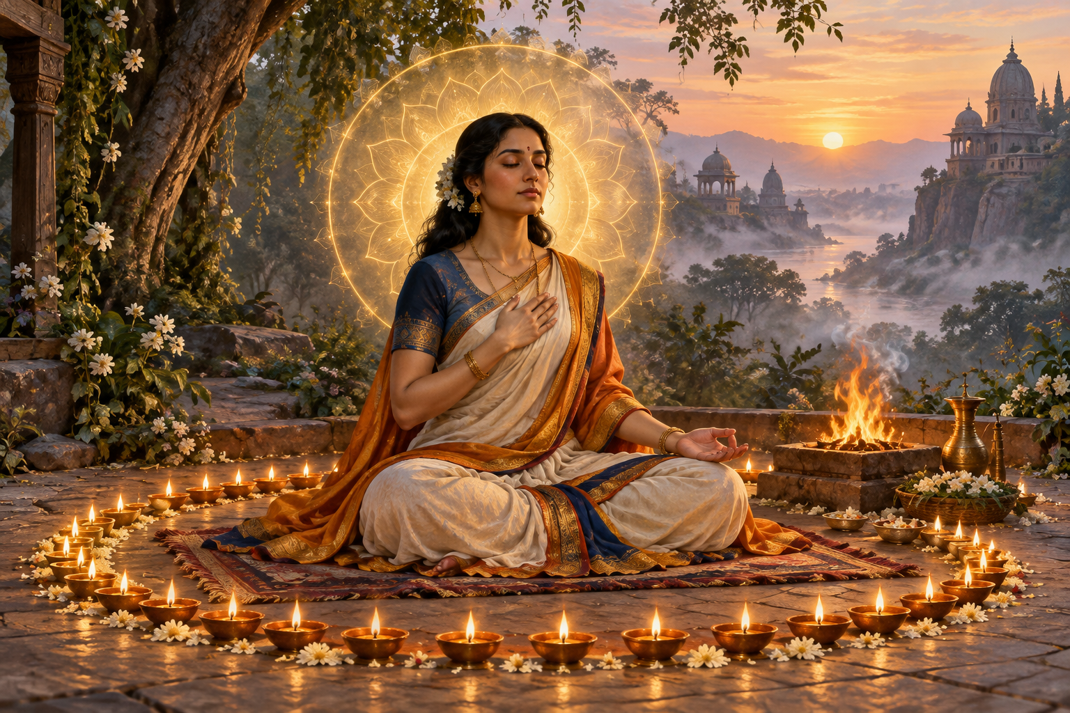 A dignified woman meditates beside a sacred fire in a forest hermitage, surrounded by oil lamps and a soft golden radiance.