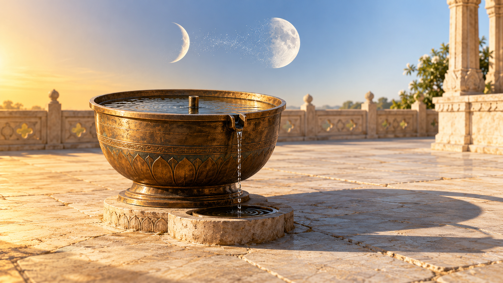 A traditional water-clock vessel and shifting courtyard shadow beneath two subtly different waxing-moon shapes.