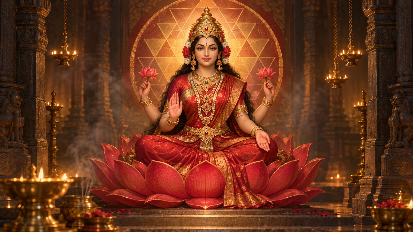 A serene goddess seated on a red lotus in a lamplit temple sanctum, surrounded by a subtle geometric halo in crimson and gold.
