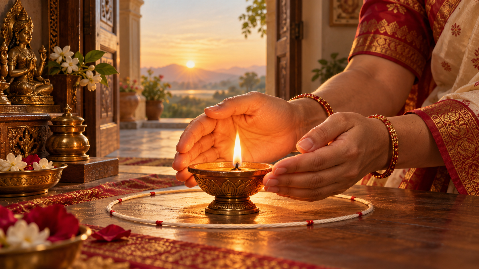 A woman's hands protect a steady oil lamp encircled by a loose cotton thread, with sunrise visible through an open doorway.