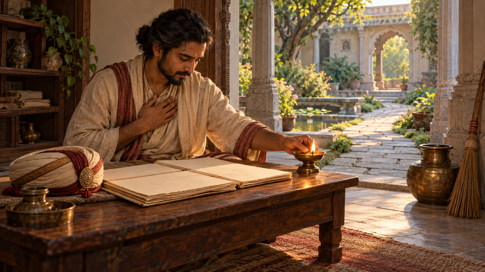A student at a low desk sets aside an ornate headpiece and turns an oil lamp toward a path leading from the study into a courtyard.
