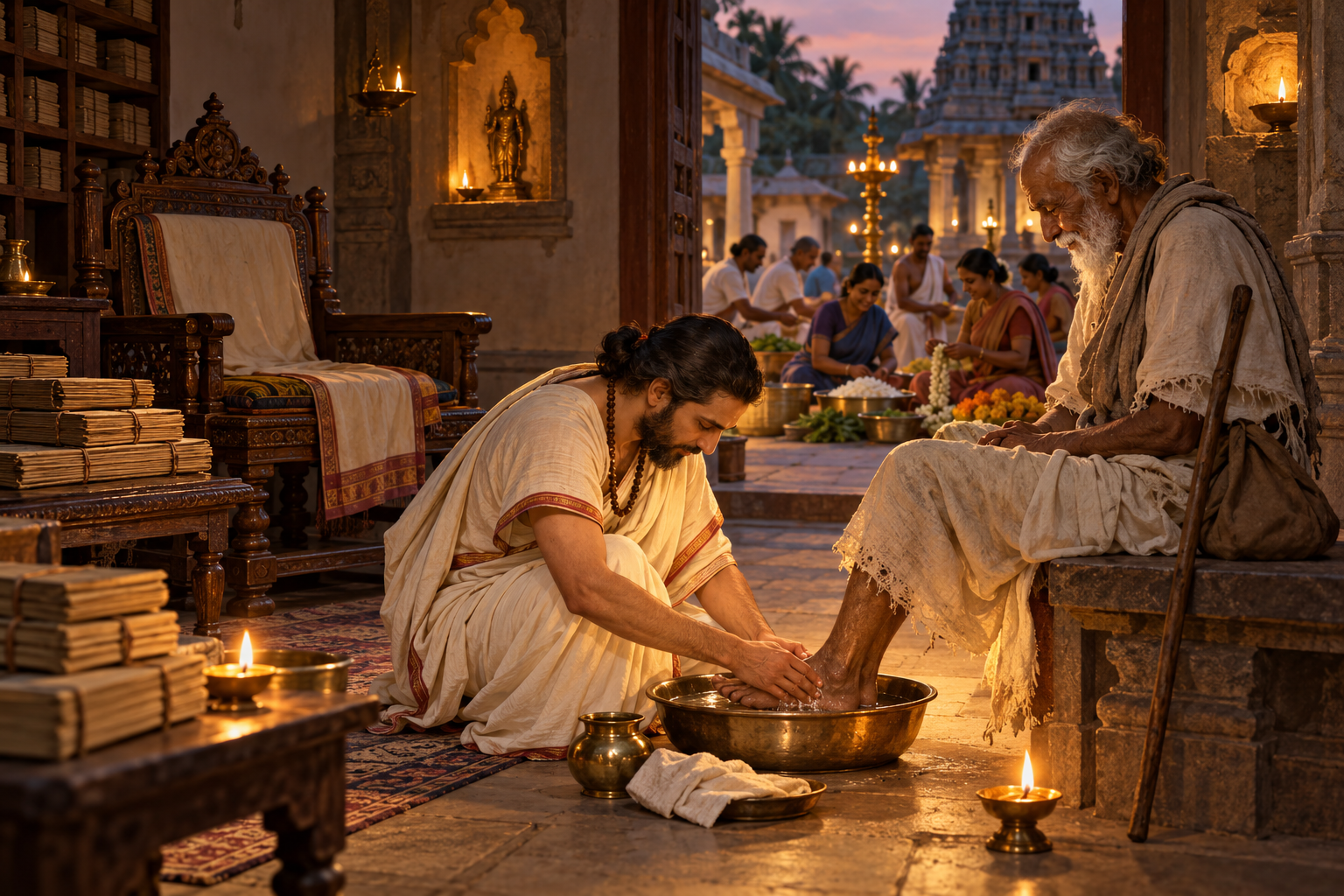 A scholar leaves a seat beside stacked manuscripts and humbly washes an elderly pilgrim's feet while devotees prepare offerings nearby.