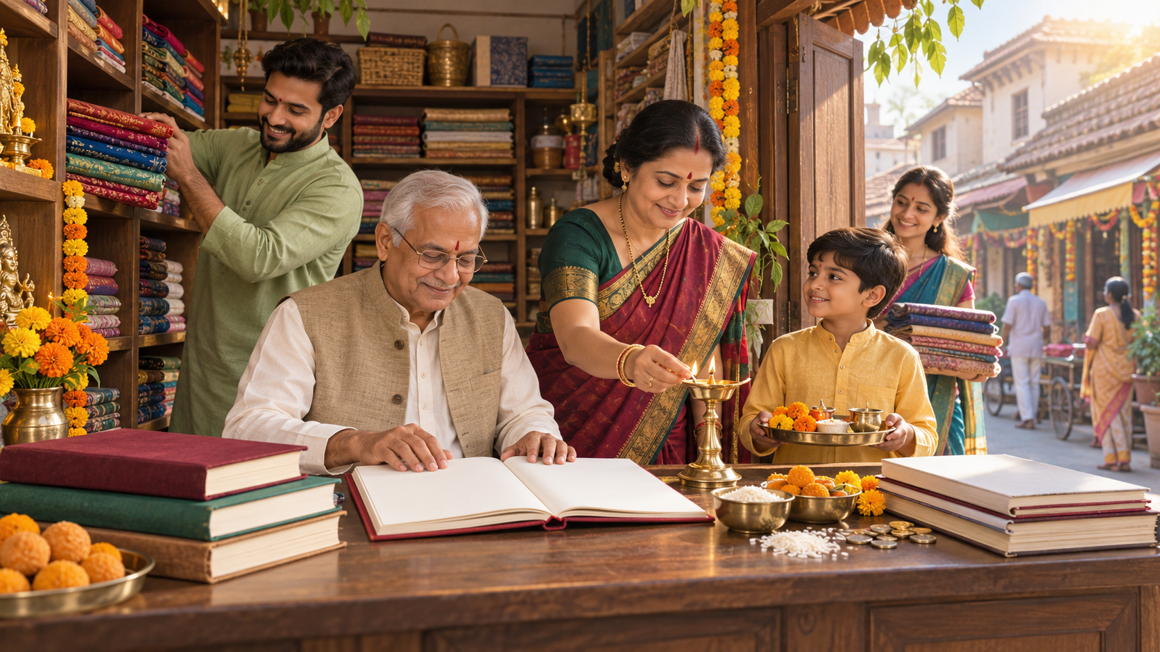 A Gujarati merchant family lights a brass lamp beside blank account books while reopening a marigold-decorated textile shop in the morning.