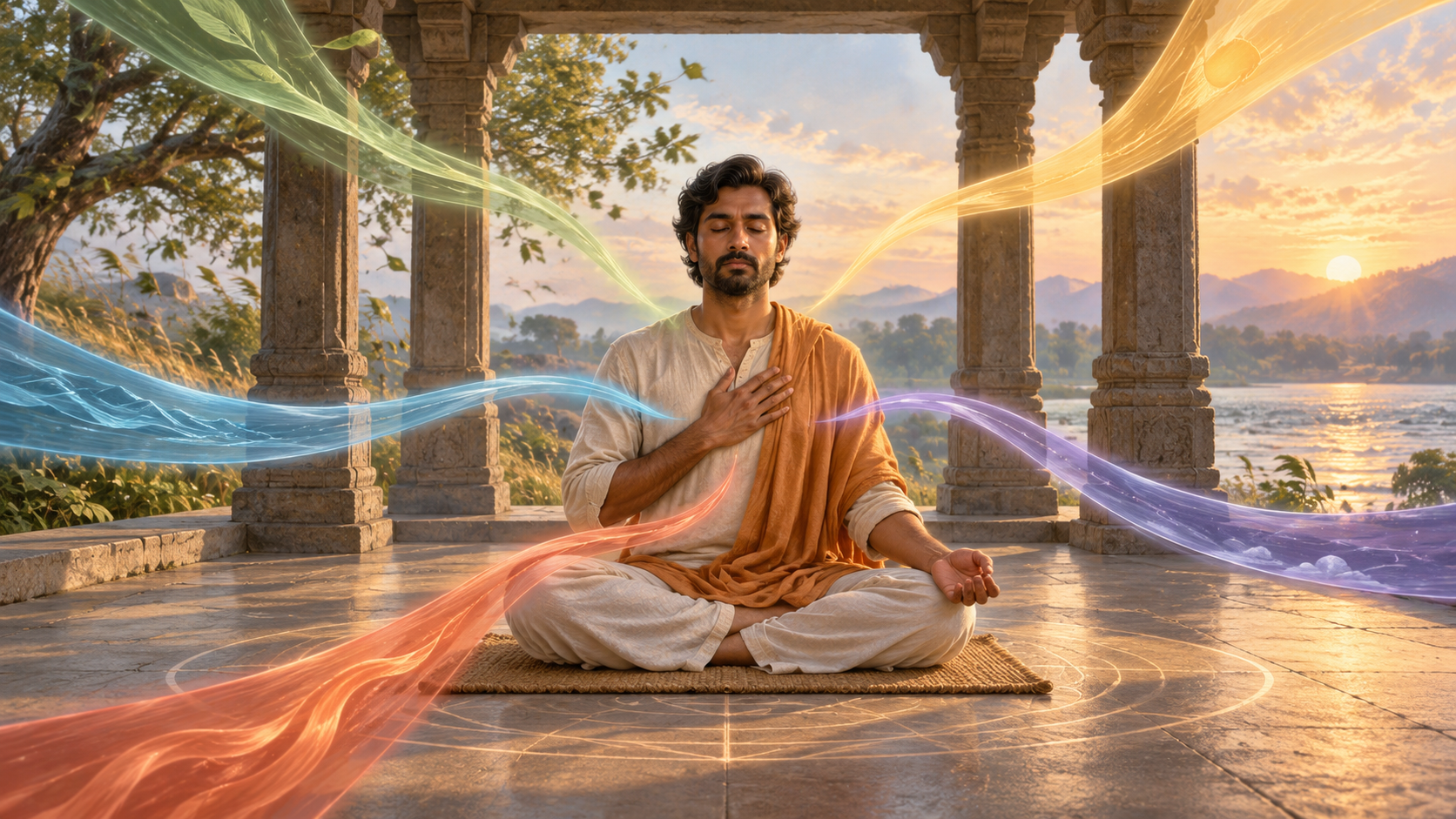 A seated seeker meditates in a dawn pavilion as five colored streams of light gather peacefully around the body.