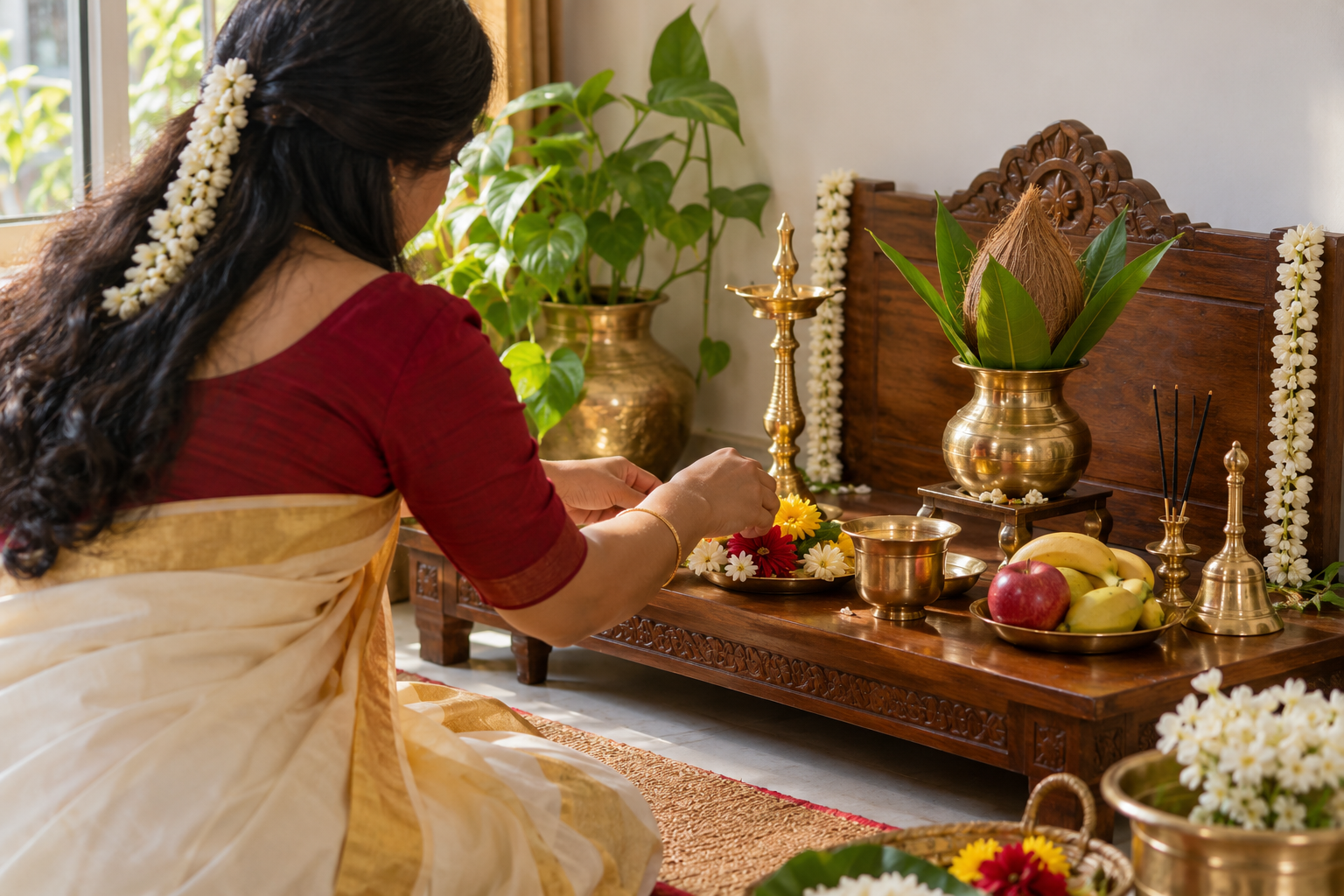 A devotee prepares flowers and traditional brass items for a simple home puja in soft daylight.