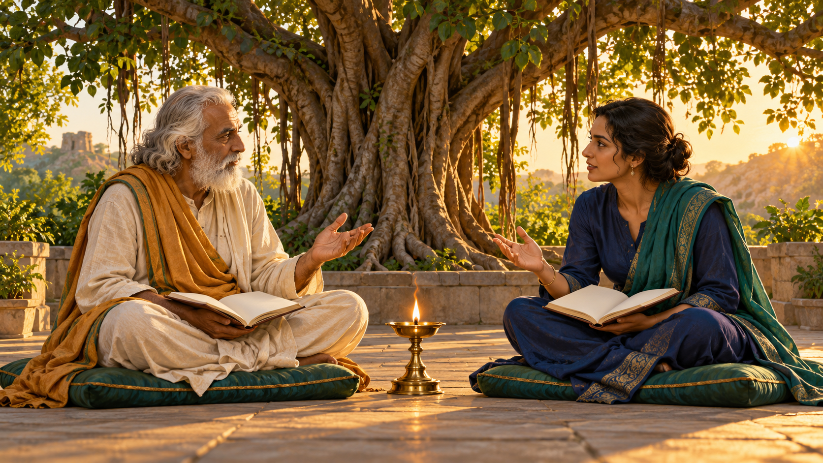Two people sit at equal height beneath a banyan tree, discussing open books across a single brass lamp with attentive expressions and restrained hand gestures.