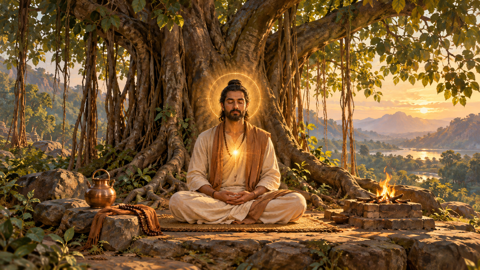 A practitioner meditates beneath a banyan tree as a restrained amber glow rises from the heart toward a luminous halo.