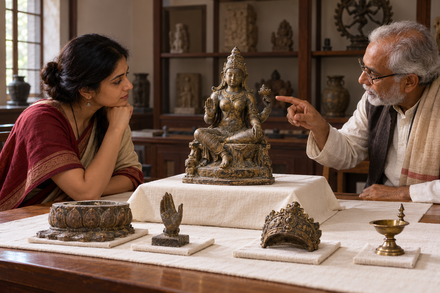 A researcher and an elder carefully examine the gestures, crown, and lotus pedestal of a small seated goddess sculpture.