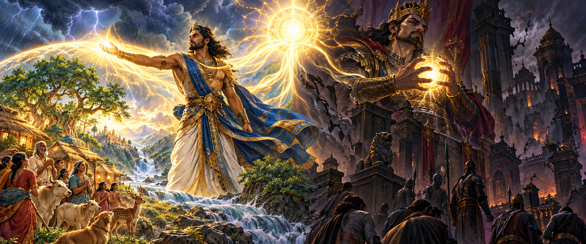A central spiritual light divides between a human guardian protecting a community and an asura ruler grasping the light inside a darkening palace.
