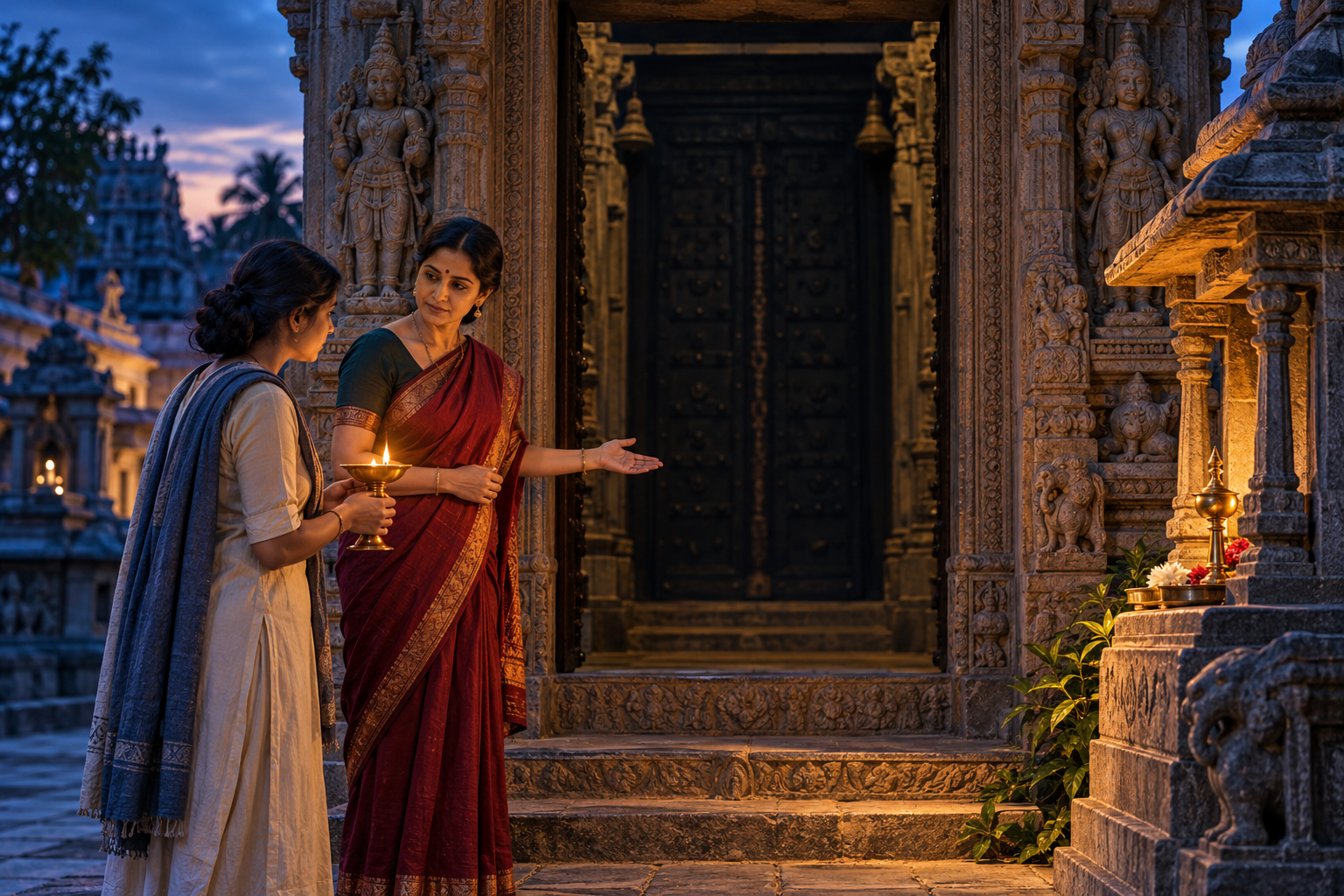 A seeker holding an oil lamp pauses with a teacher outside the veiled inner threshold of a temple at dusk.