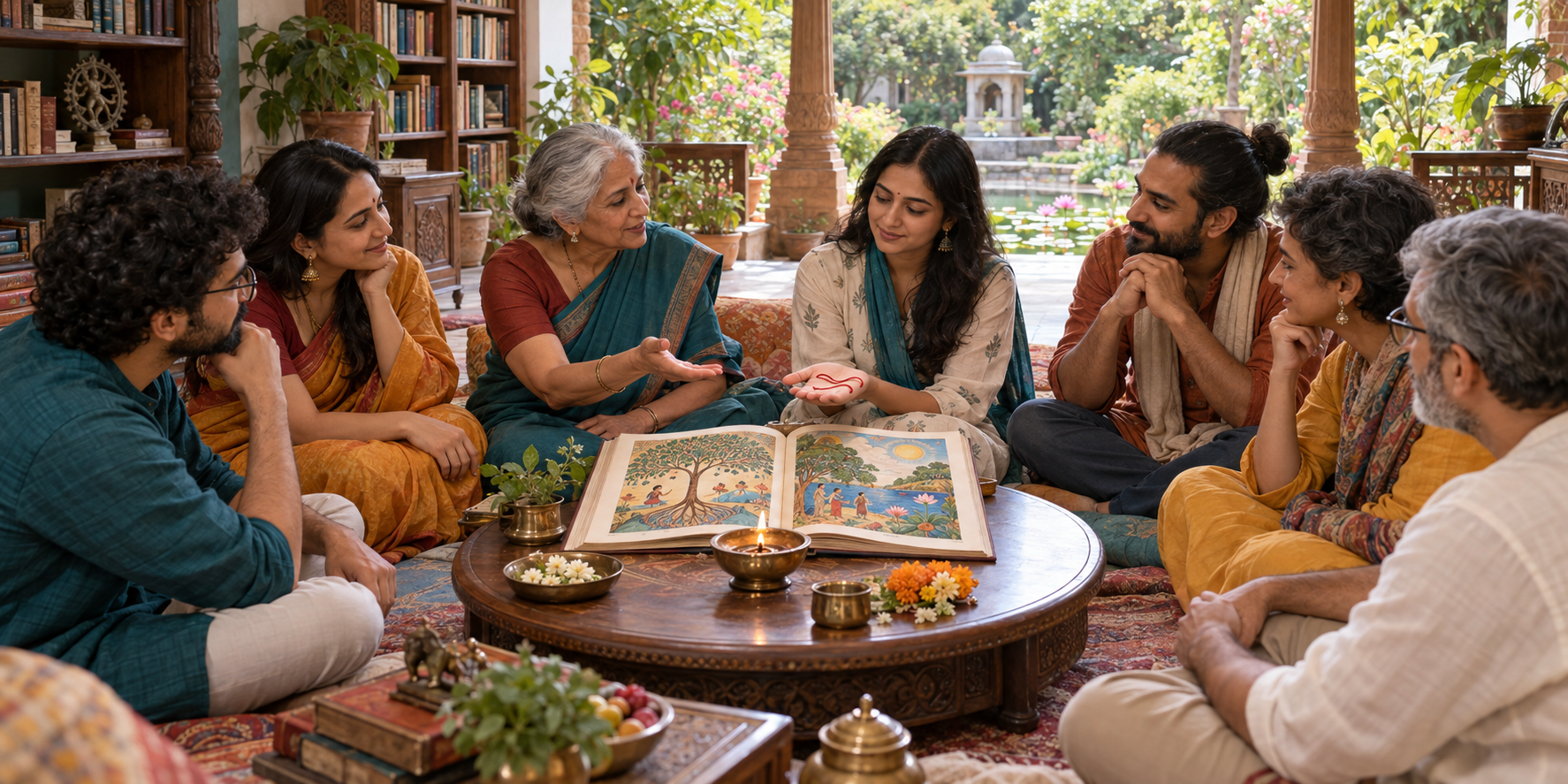 Adults sit as equals around a lamp and an open manuscript in a library courtyard while one woman holds an unknotted thread.