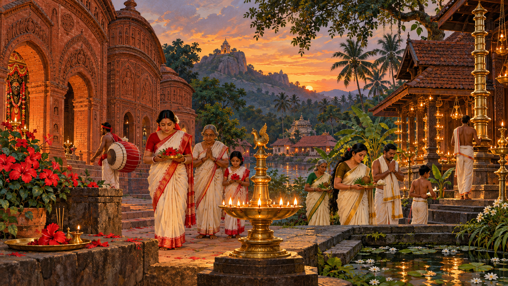 Panoramic illustration of devotees worshipping at distinct Bengal, Kerala, hill and village Devi shrines joined by warm lamplight.