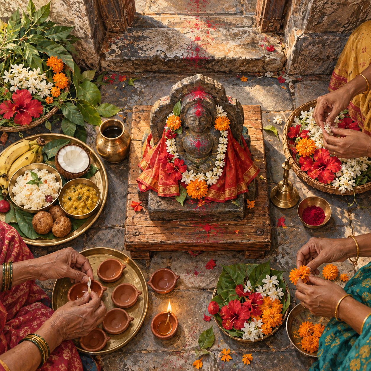 Overhead illustration of a small Devi altar surrounded by a temple threshold, seasonal flowers, offerings, ritual objects and the hands of community members.