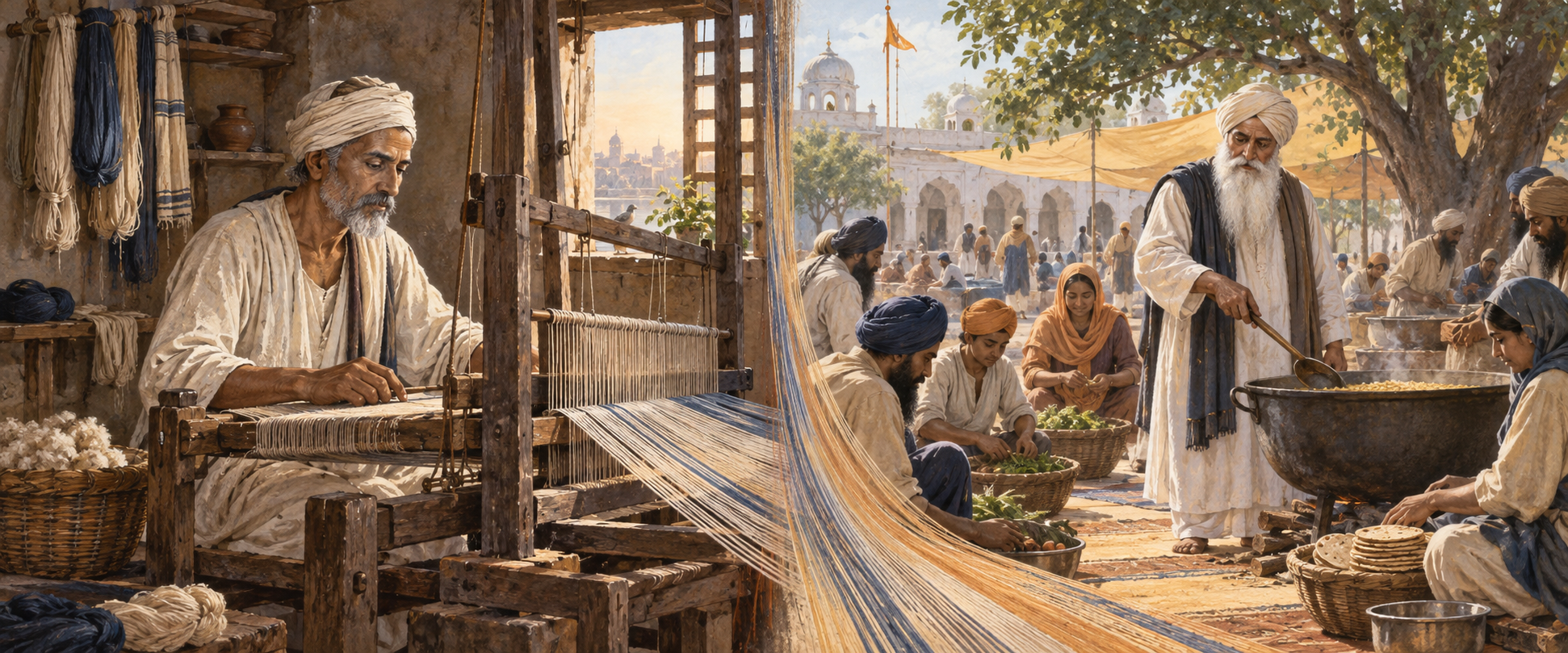 Illustrated diptych of a weaver working at a handloom and an elderly Sikh community servant guiding work in a courtyard.
