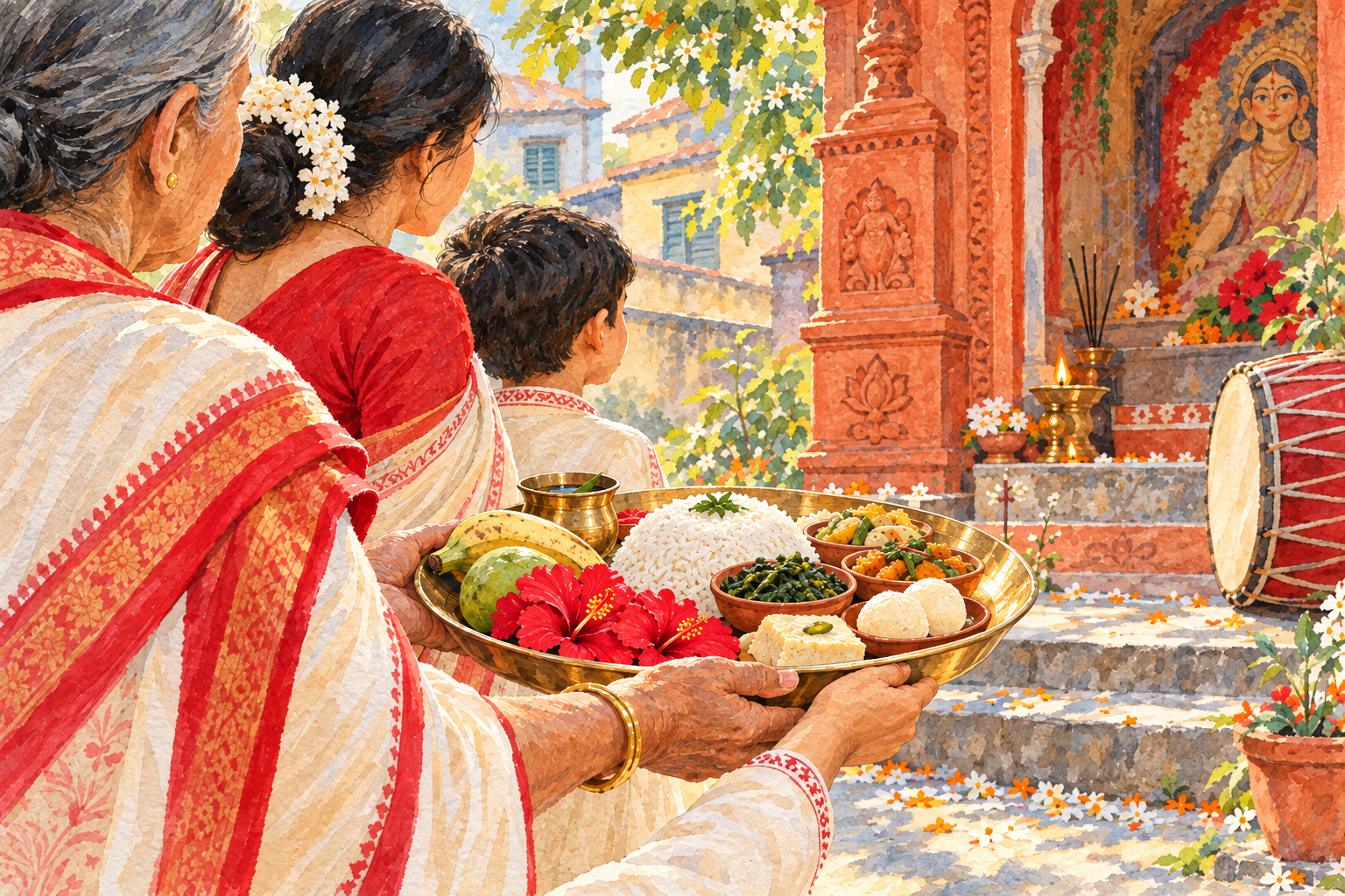 A Bengali family carries a bell-metal plate of rice, vegetables, fruit, sweets and red hibiscus toward a neighborhood Devi shrine.