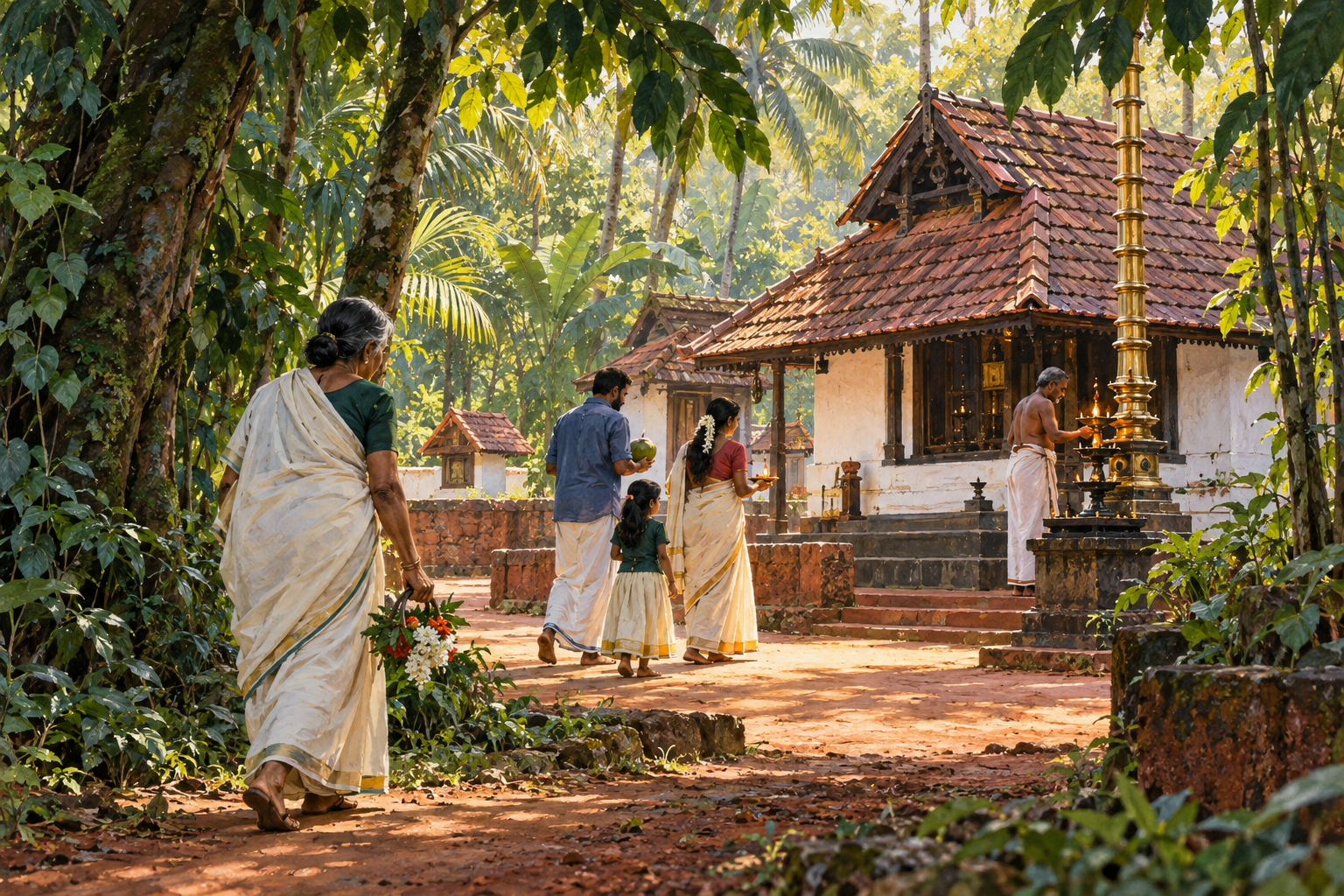 Local devotees approach a modest Kerala Bhagavati shrine beside a sacred grove and a brass oil-lamp pillar.