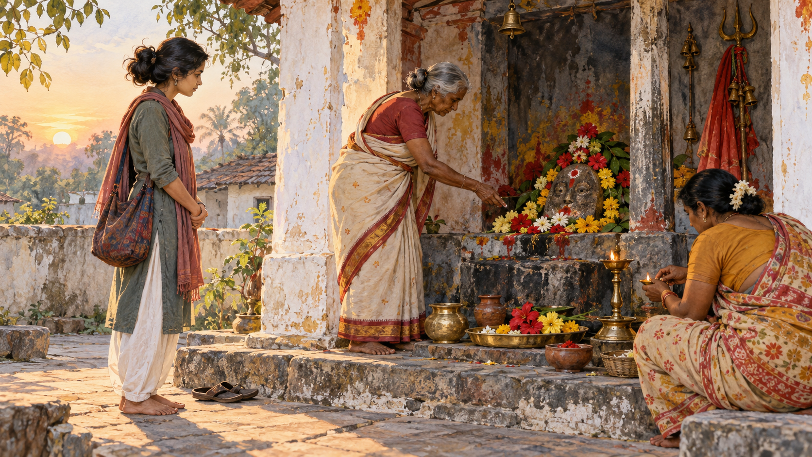 A barefoot visitor listens to a local elder at the threshold of a small flower-adorned Devi shrine while a community member prepares a lamp.