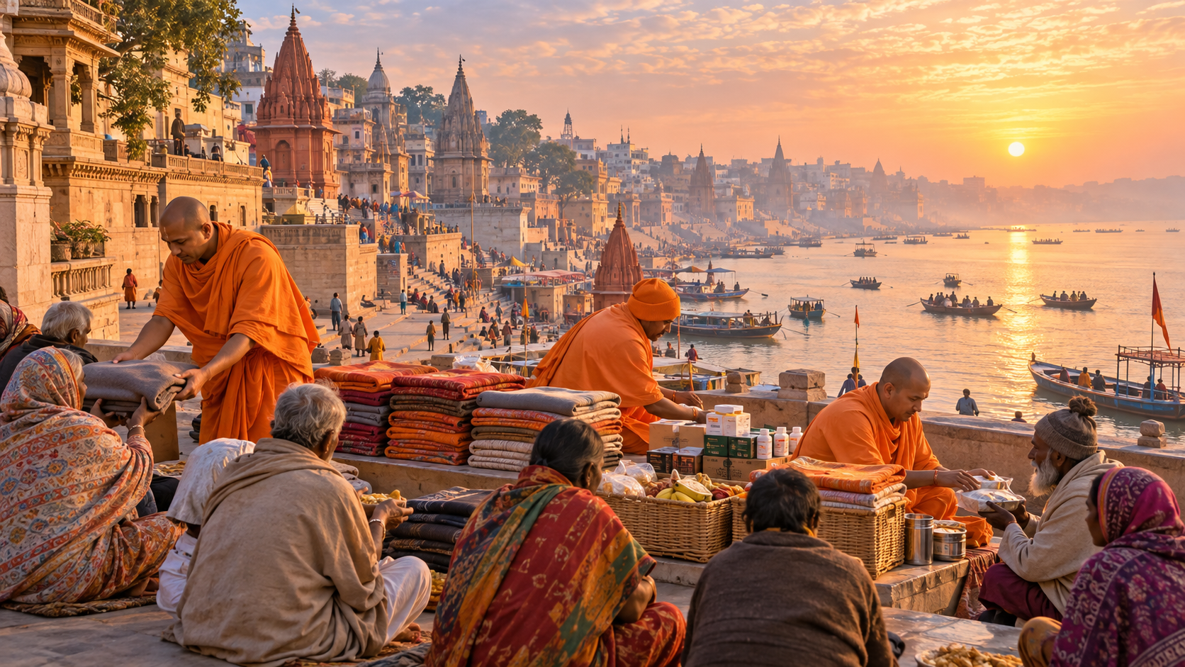 Saffron-robed monks and volunteers prepare food, blankets and medical supplies on a terrace overlooking the Ganges and Varanasi ghats at dawn.