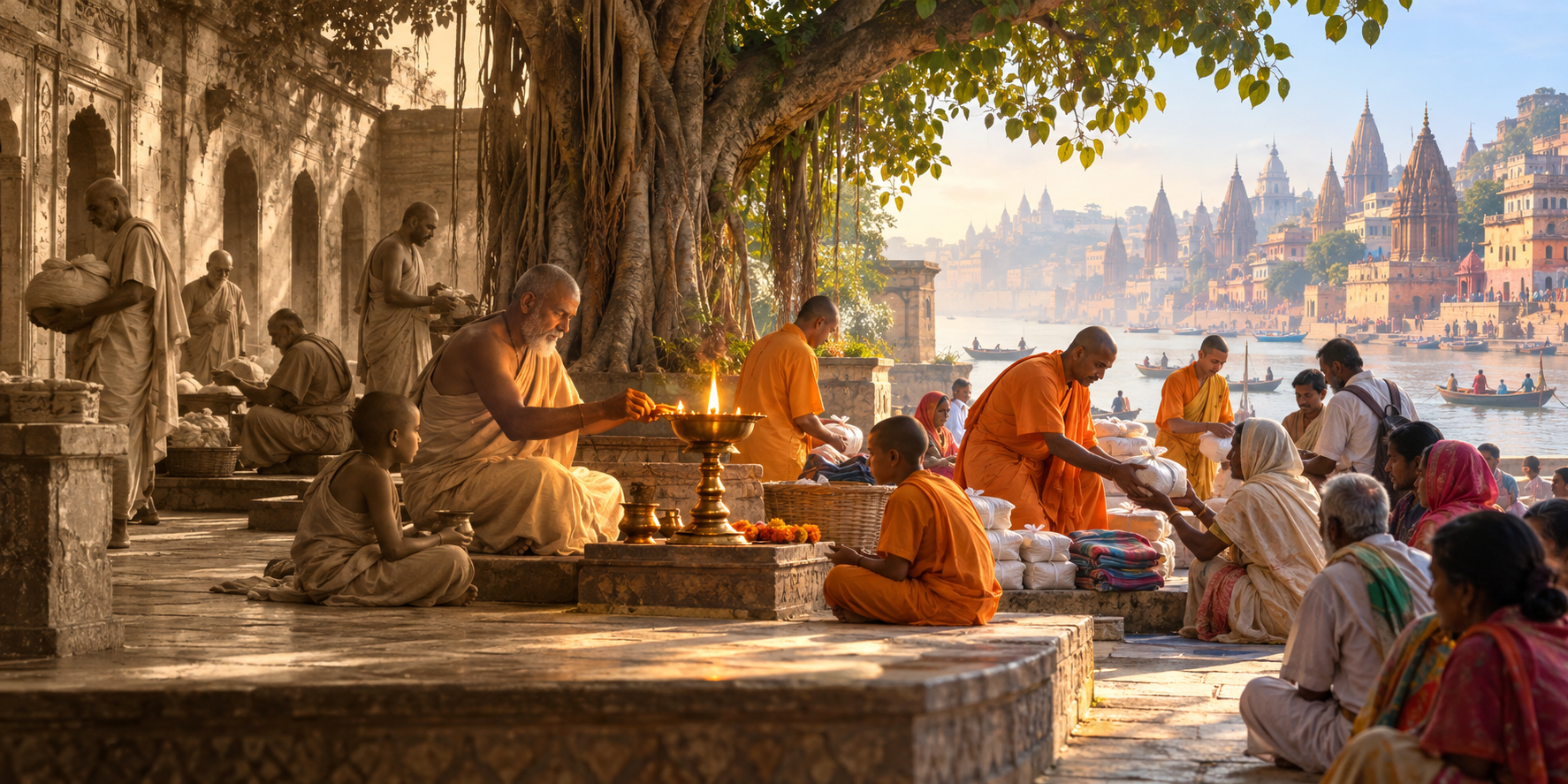 An ashram courtyard shifts from a sepia-toned earlier era to the present as successive generations of monks tend a lamp and prepare relief supplies.