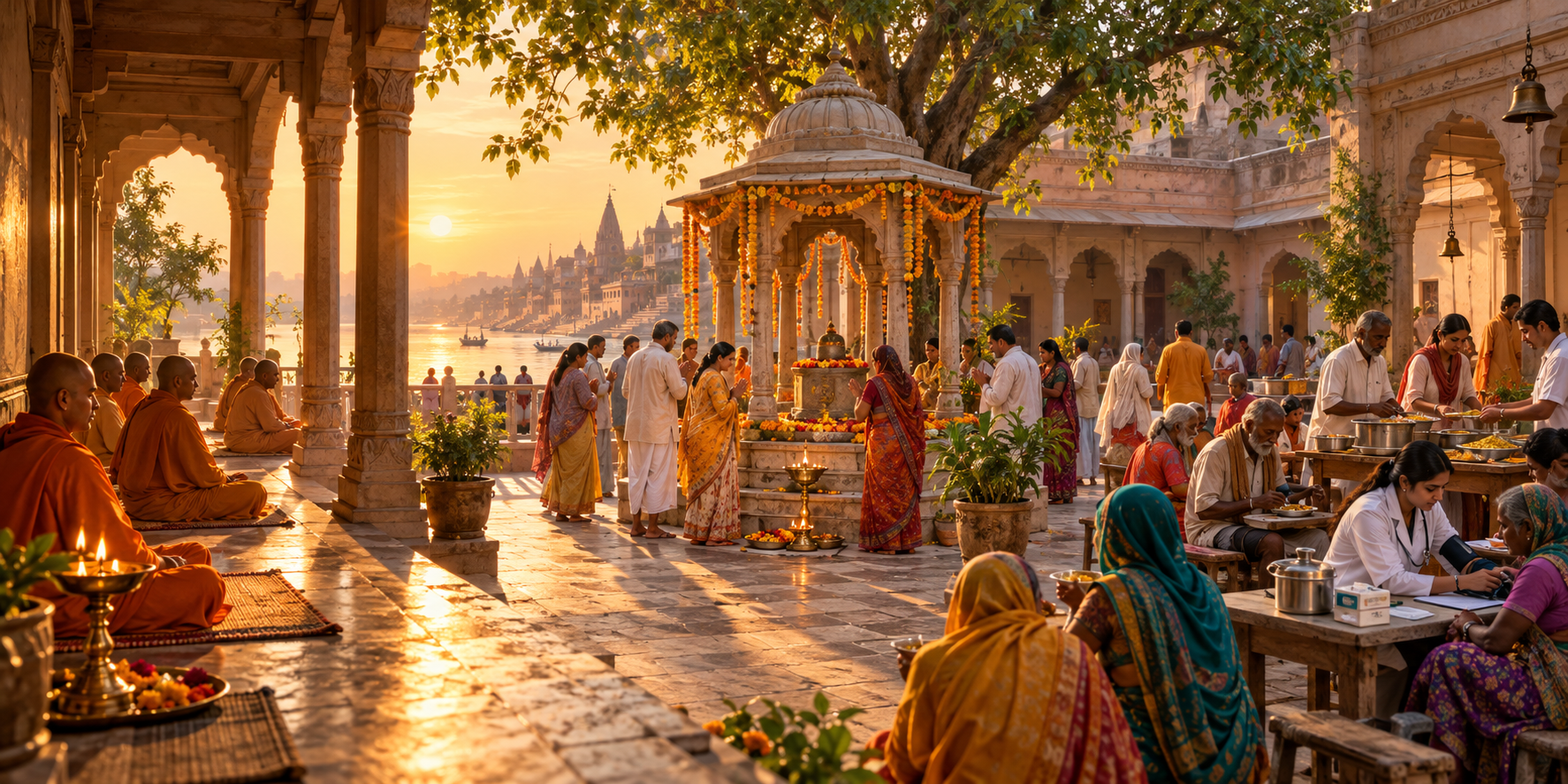 Monks meditate, devotees gather in a sacred courtyard, and volunteers serve meals and basic health assistance within one Varanasi ashram complex.