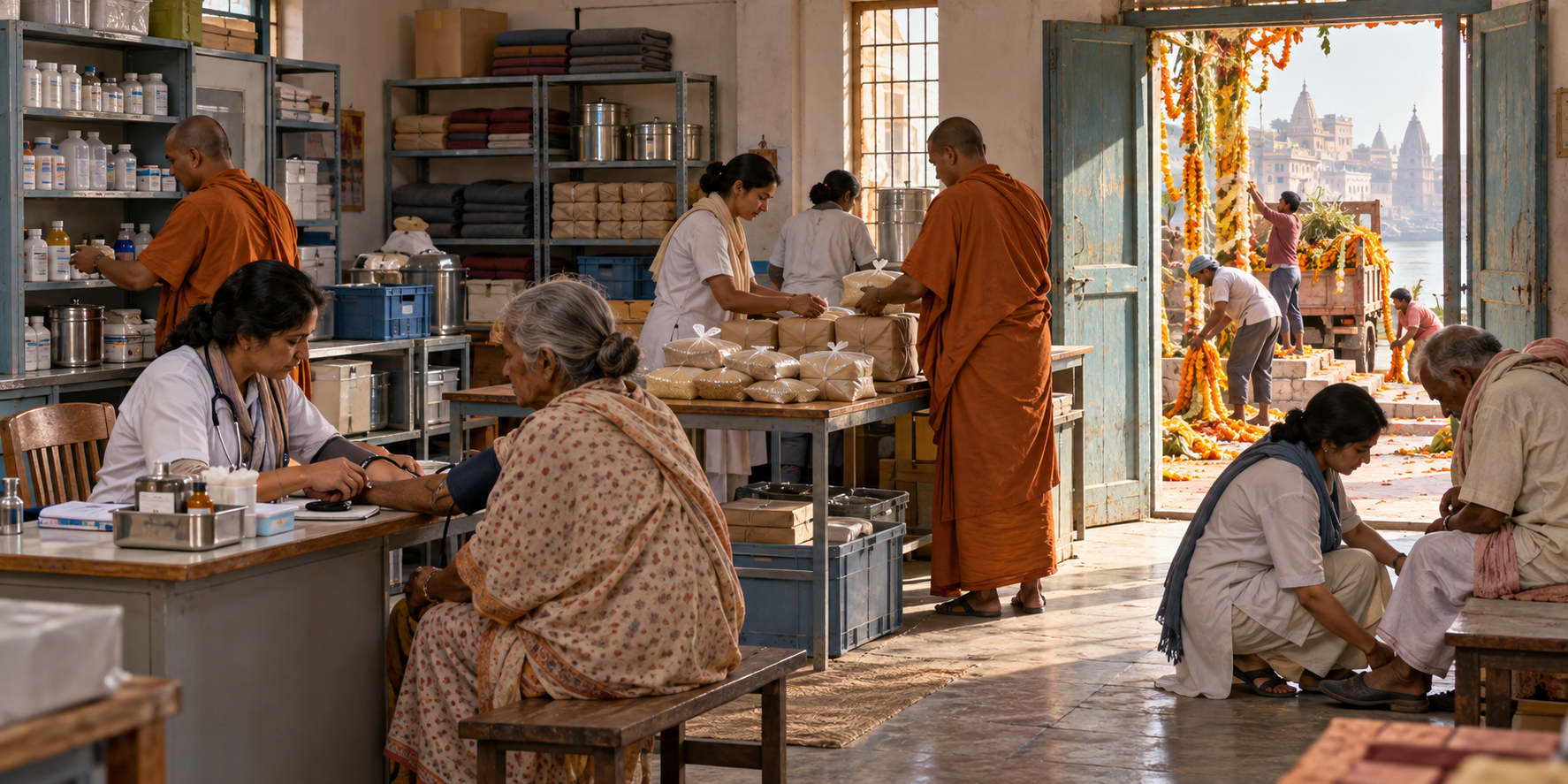 Monks, nurses and volunteers run a modest community clinic and organize food supplies while festival decorations are removed outside.