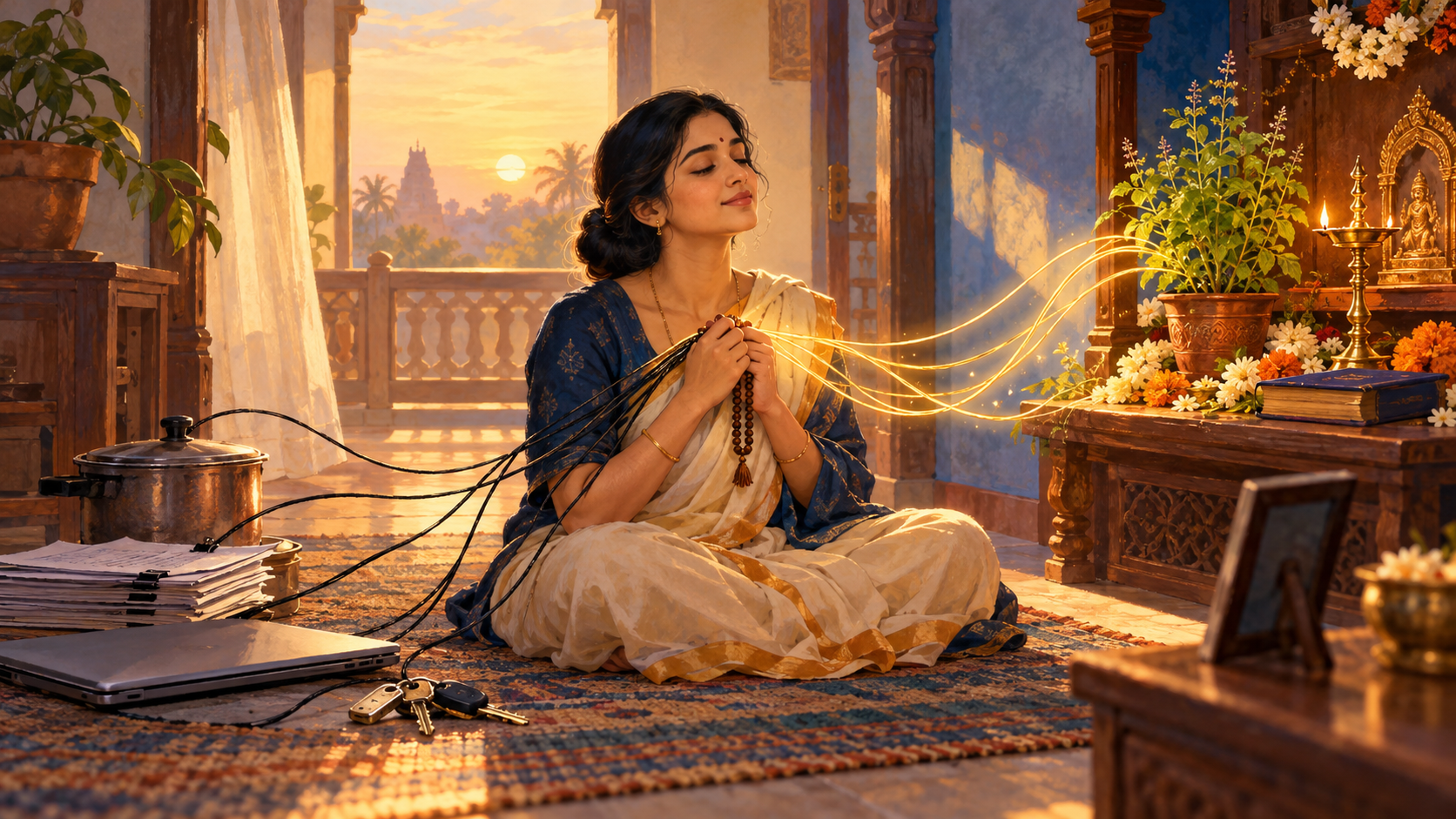 A seated practitioner holds prayer beads as dark threads from everyday objects transform into golden strands leading toward a lamp, flowers, a tulasi plant, and a sacred book.