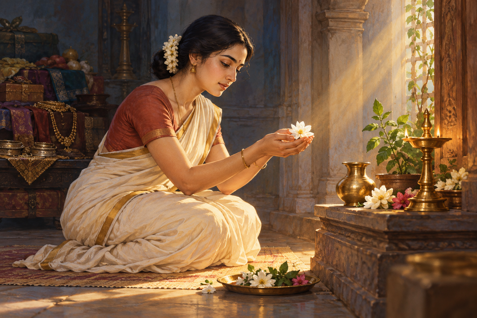 A kneeling devotee offers one white flower beside a lamp while ornate gifts and jewelry remain in shadow behind them.
