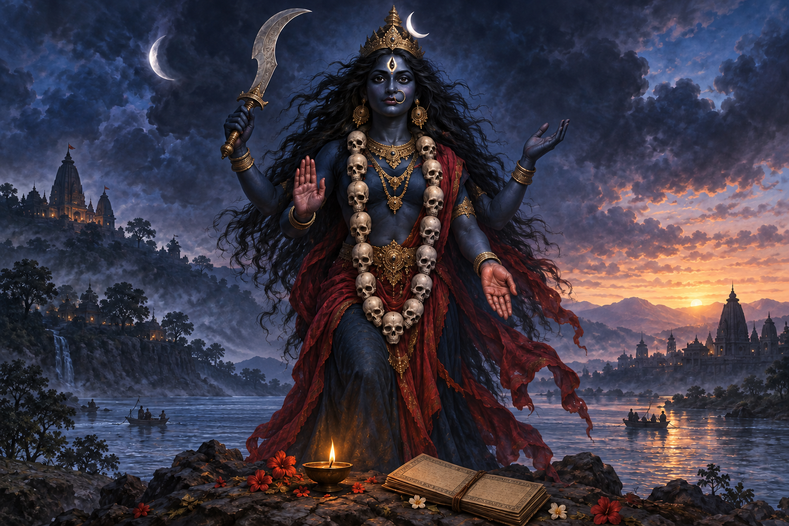 Goddess Kali stands beneath an indigo sky with hands of protection and blessing, while an oil lamp and open palm-leaf manuscript rest in the foreground.